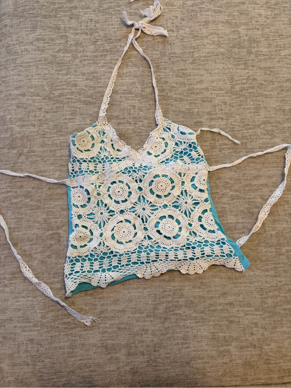White Crochet Halter Camisole with Turquoise Lining